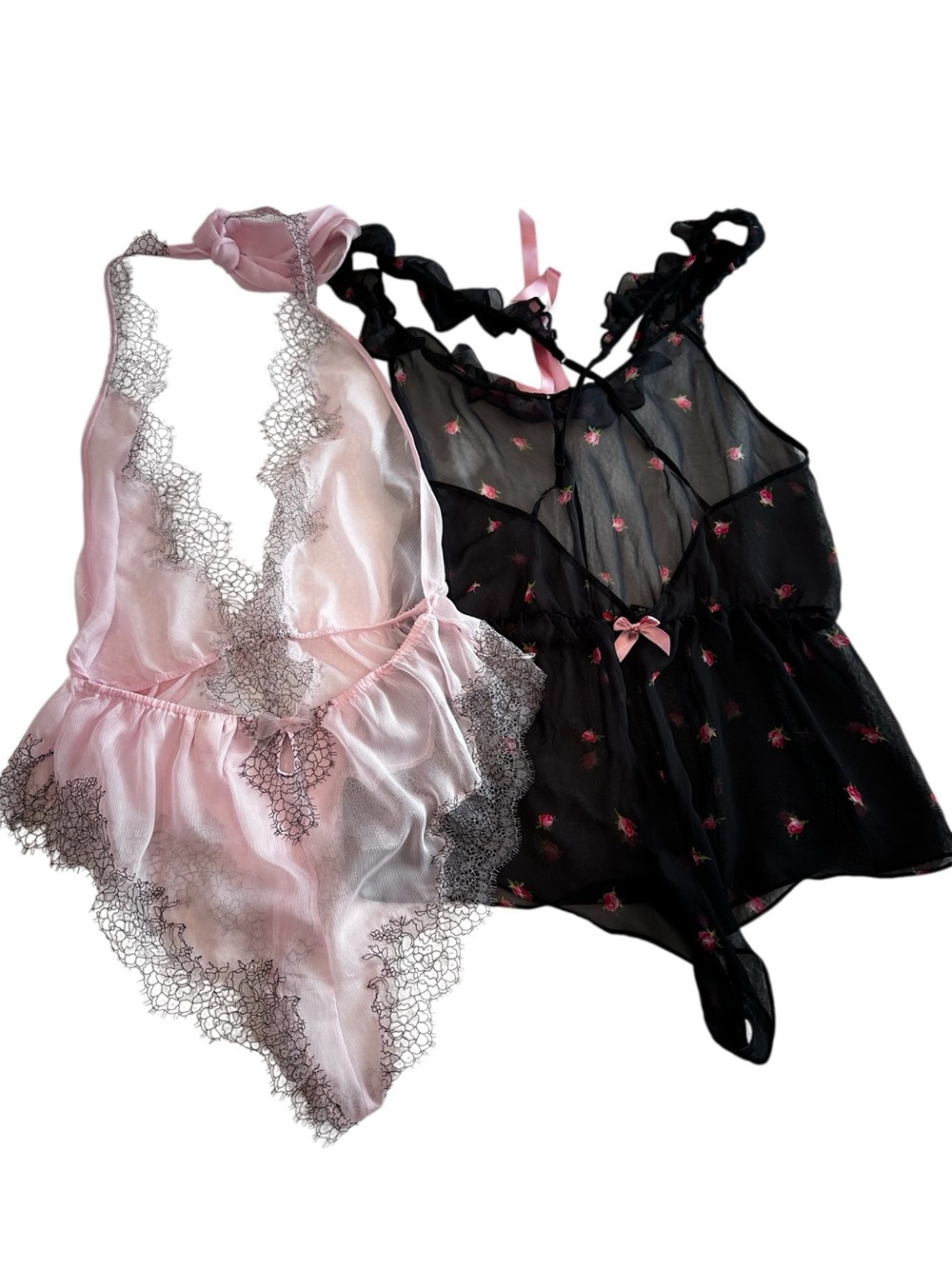 Victoria Secret Bundle of Sheer Pink Lace and Black Floral Romper Set nightie - Picture 11 of 13